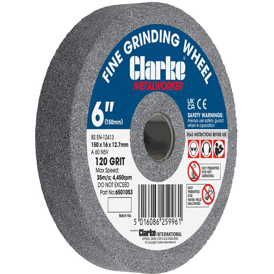 Clarke 6501053 6" (150mm) Fine 120 Grit Grinding Wheel 150mm x 16, 12.7mm Bore