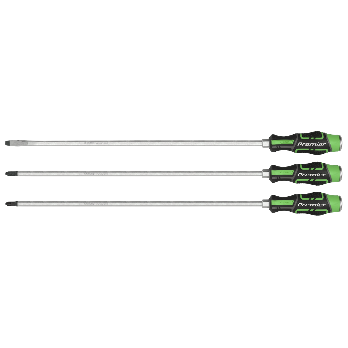 Sealey AK4942HV Extra-Long Hammer-Thru Screwdriver Set Hi-Vis Green 450mm 3pc