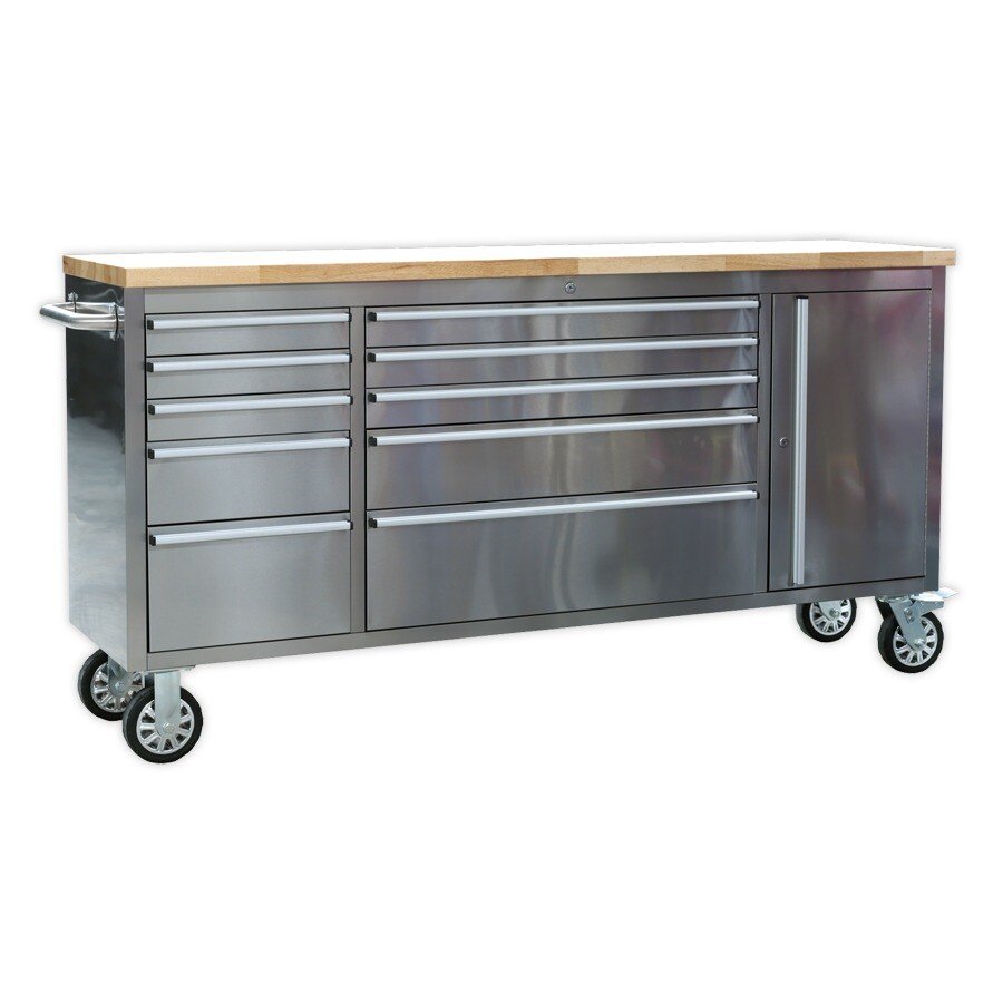 Sealey AP7210SS Mobile Stainless Steel Tool Cabinet 10 Drawer & Cupboard