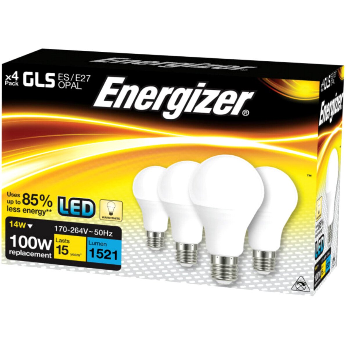 Energizer S14424 LED ES (E27) Opal GLS Non-Dimmable Bulb Warm White 1521 lm 12.5W (Pack of 4) ENGS14424