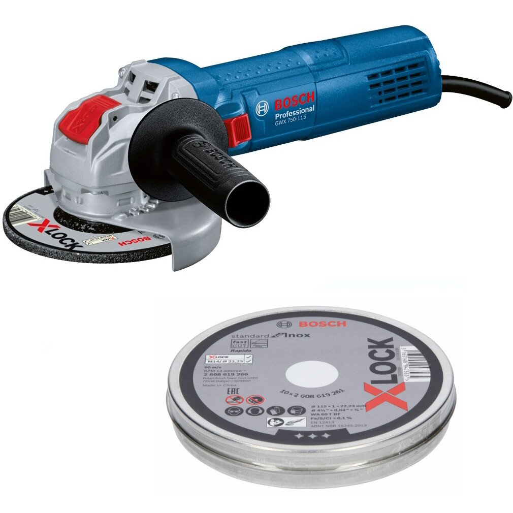 Bosch GWX 750-115 230V 4.5"/115mm 750W X-Lock Angle Grinder with 10 Cutting Discs