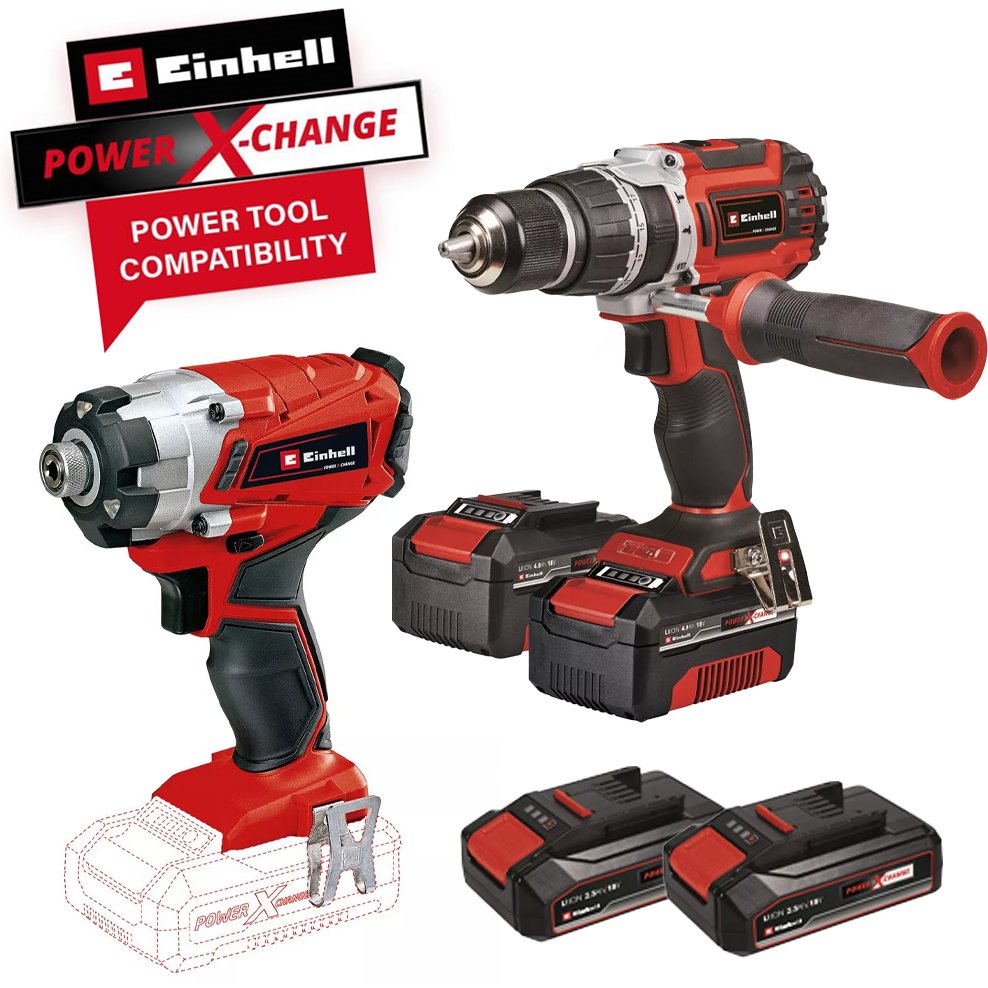 Einhell TE-CD 18/60 Li-i BL 18V Power X-Change Brushless 60nm Combi Drill and TE-CI 18/1 Impact Driver With 2x 4.0Ah + 2x 2.5Ah  Batteries and Charger