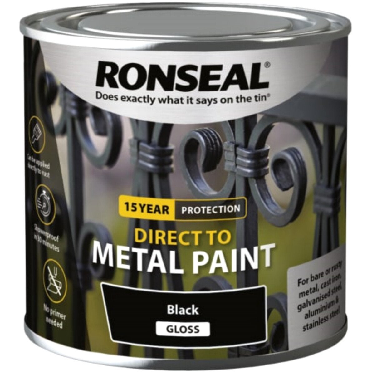 Ronseal 39179 Direct to Metal Paint Black Gloss 250ml RSLDTMBG250