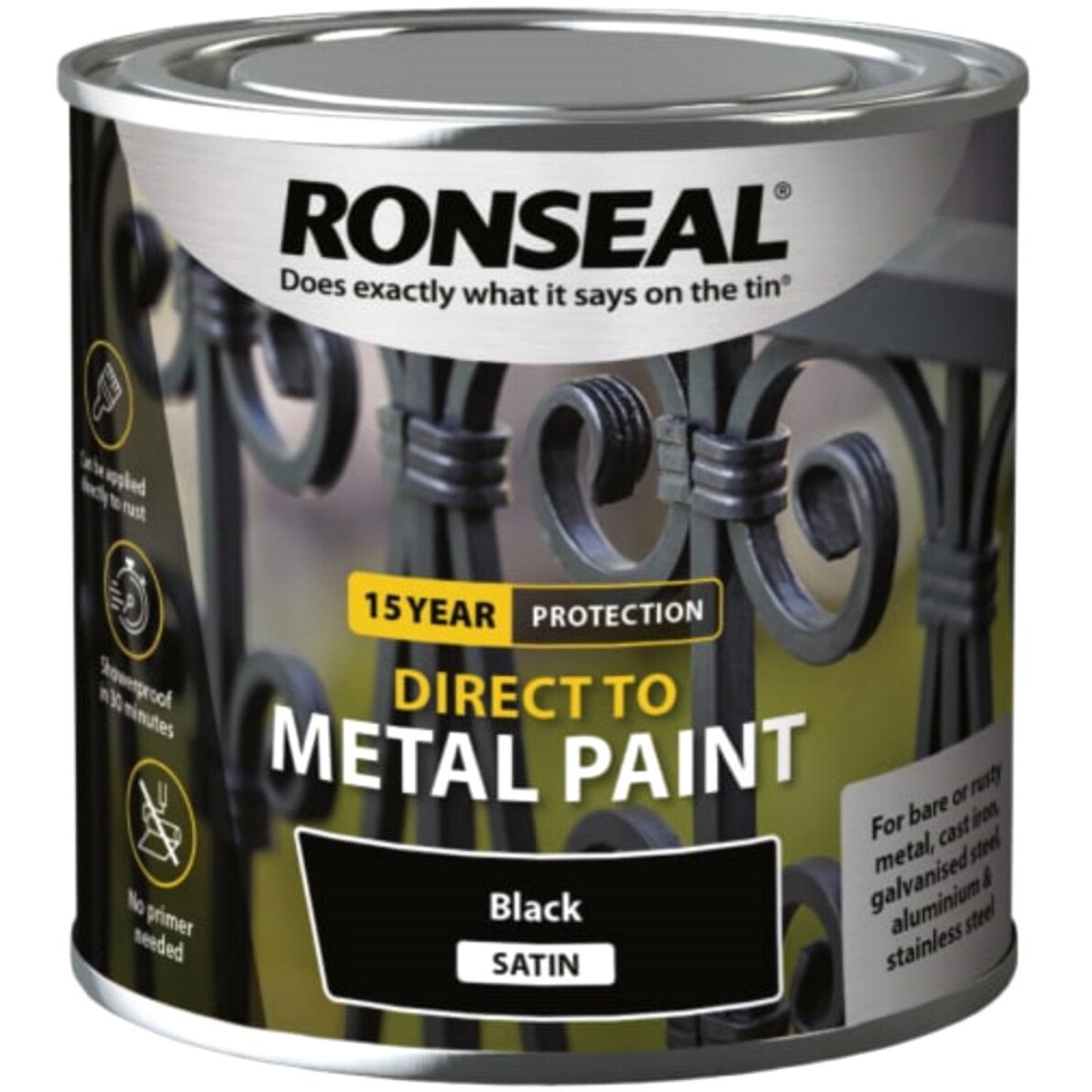 Ronseal 39180 Direct to Metal Paint Black Satin 250ml RSLDTMBS250