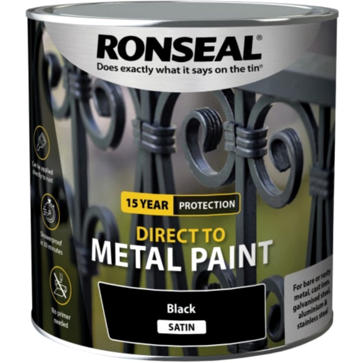 Ronseal 39213 Direct to Metal Paint Black Satin 2.5 Litre RSLDTMBS25L