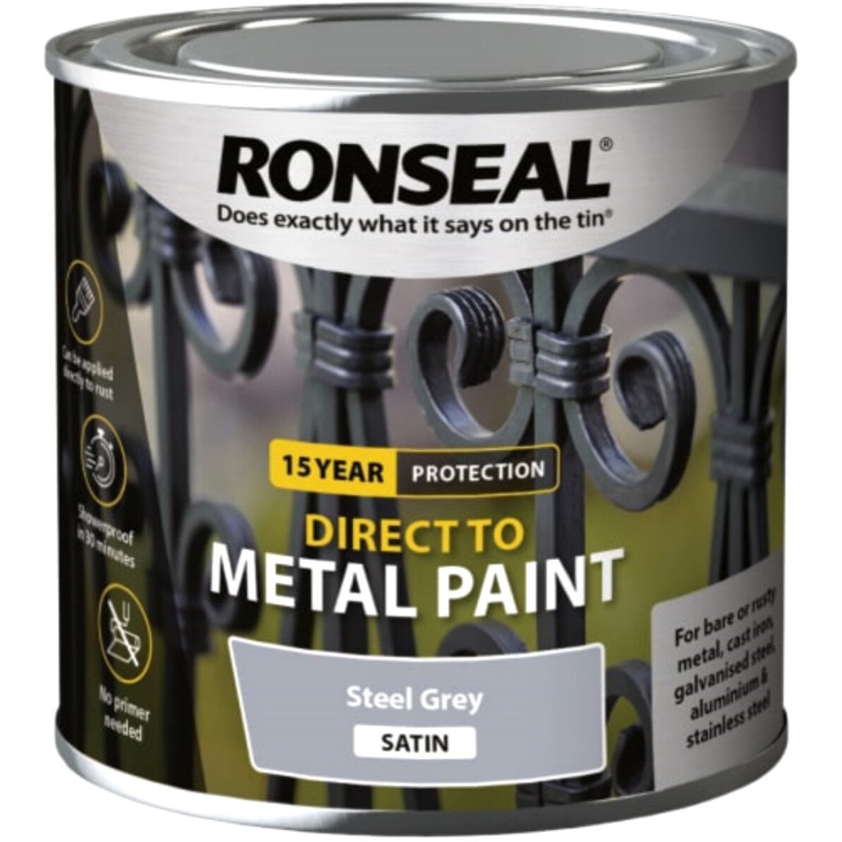 Ronseal 39188 Direct to Metal Paint Steel Grey Satin 250ml RSLDTMSGS250