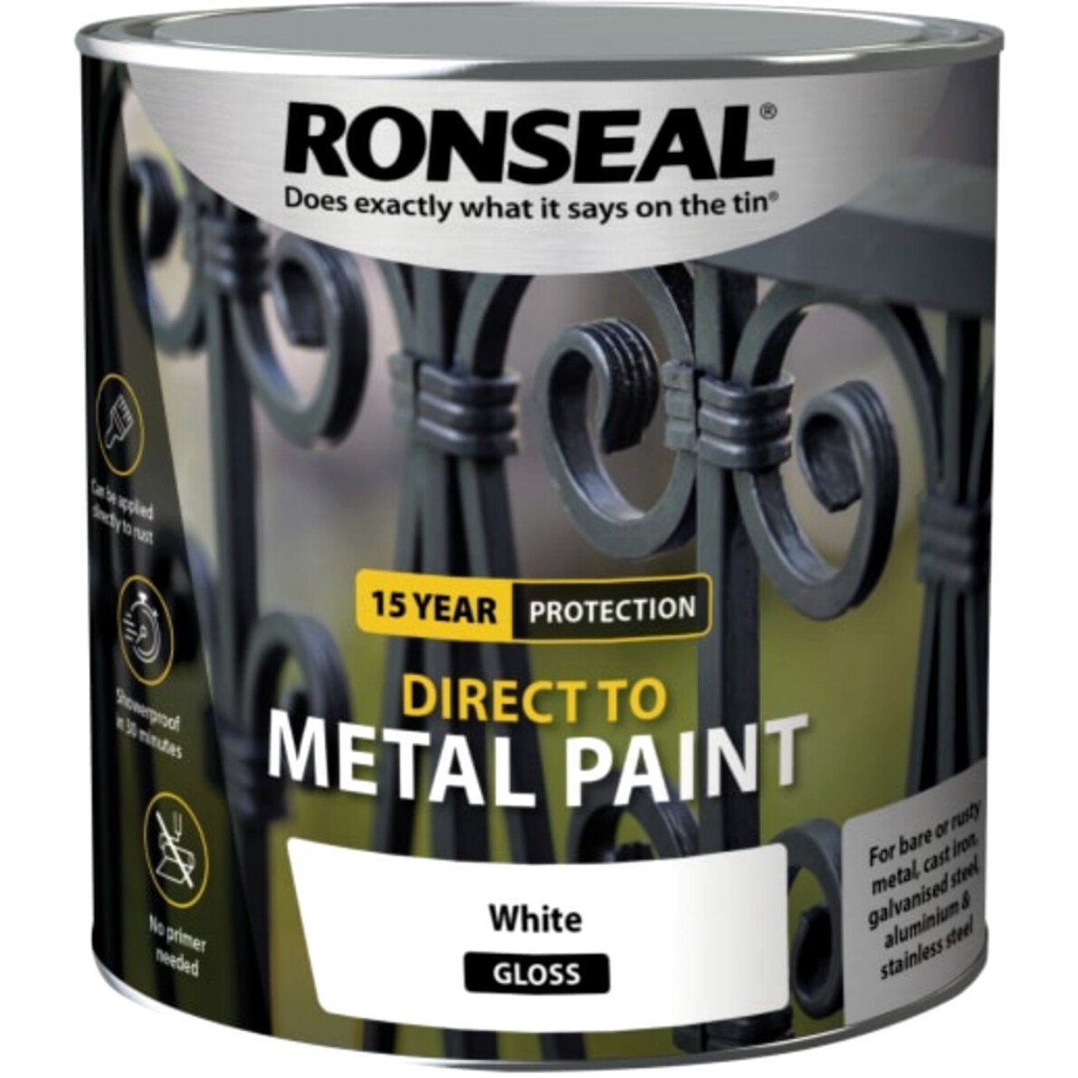 Ronseal 39215 Direct to Metal Paint White Gloss 2.5 Litre RSLDTMWG25L