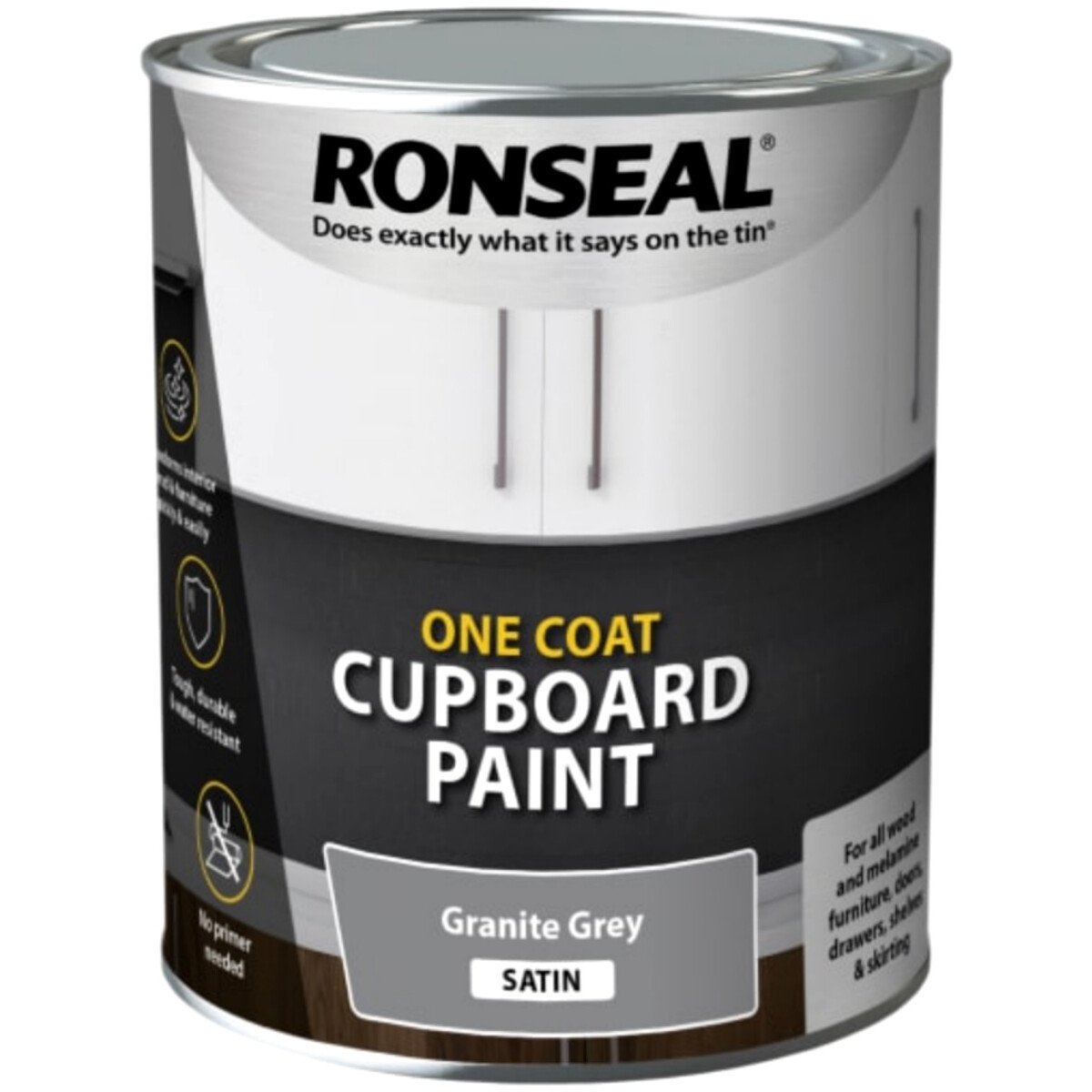 Ronseal 39371 One Coat Cupboard Paint Granite Grey Satin 750ml RSLOCCGGS750