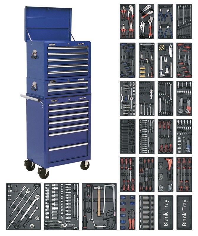 Sealey SPTCCOMBO1 Tool Chest Combination 14 Drawer with Ball Bearing  Runners - Blue & 1179pc Tool Kit from Lawson HIS