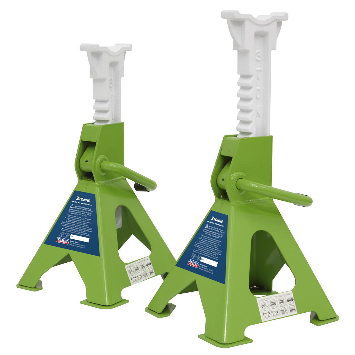 Sealey VS2003HV Axle Stands (Pair) 3 Tonne Capacity per Stand Ratchet Type - Hi-Vis Green