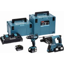 Makita DLX2137PTJ 18V Twin Kit Combi Drill and SDS Rotary Hammer with 4x 5.0Ah Batteries in MakPac Stacking Cases