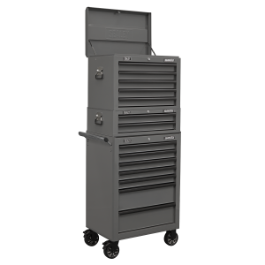 Sealey APSTACKTGR Topchest, Mid-Box Tool Chest & Rollcab Combination 14  Drawer with Ball-Bearing Slides - Grey from Lawson HIS